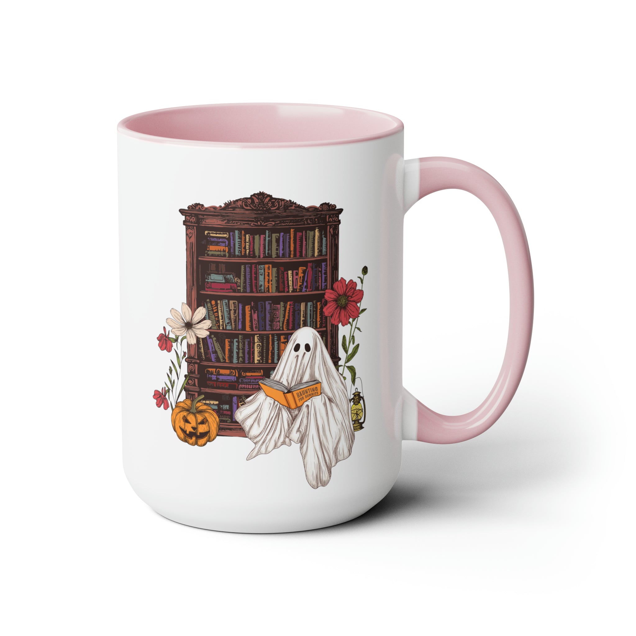 Haunting For Dummies: Ghost Reading A Book In A Haunted Library Vintage Illustrated Two-Tone Mug, 15oz