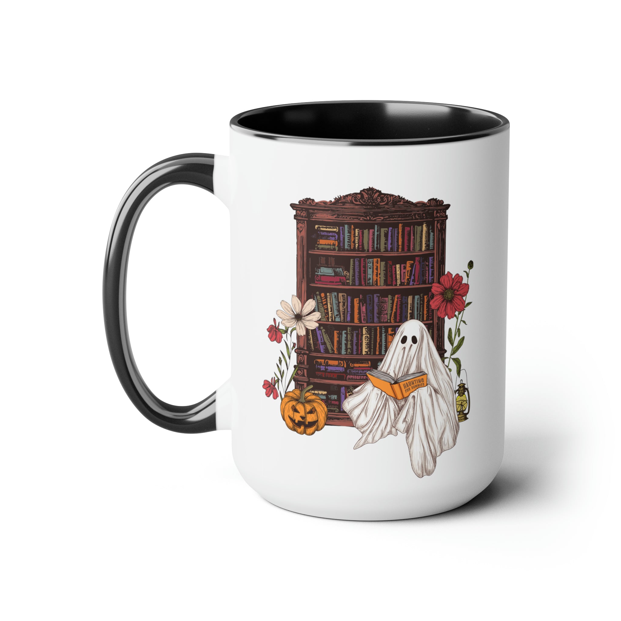 Haunting For Dummies: Ghost Reading A Book In A Haunted Library Vintage Illustrated Two-Tone Mug, 15oz