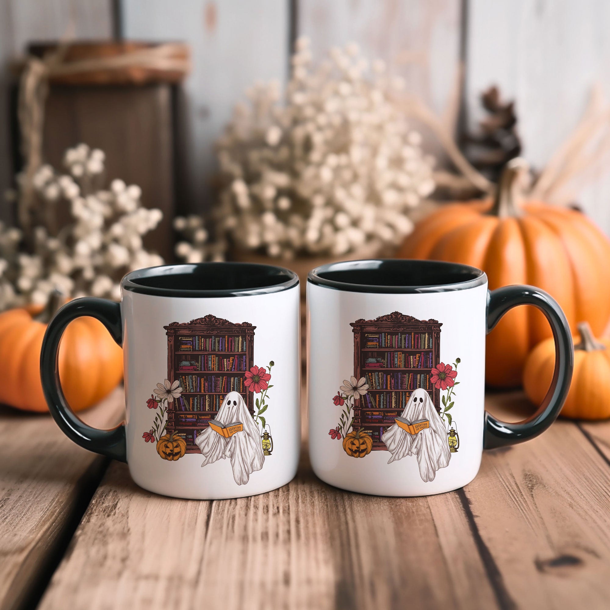 Haunting For Dummies: Ghost Reading A Book In A Haunted Library Vintage Illustration Two-Tone Mug, 11oz