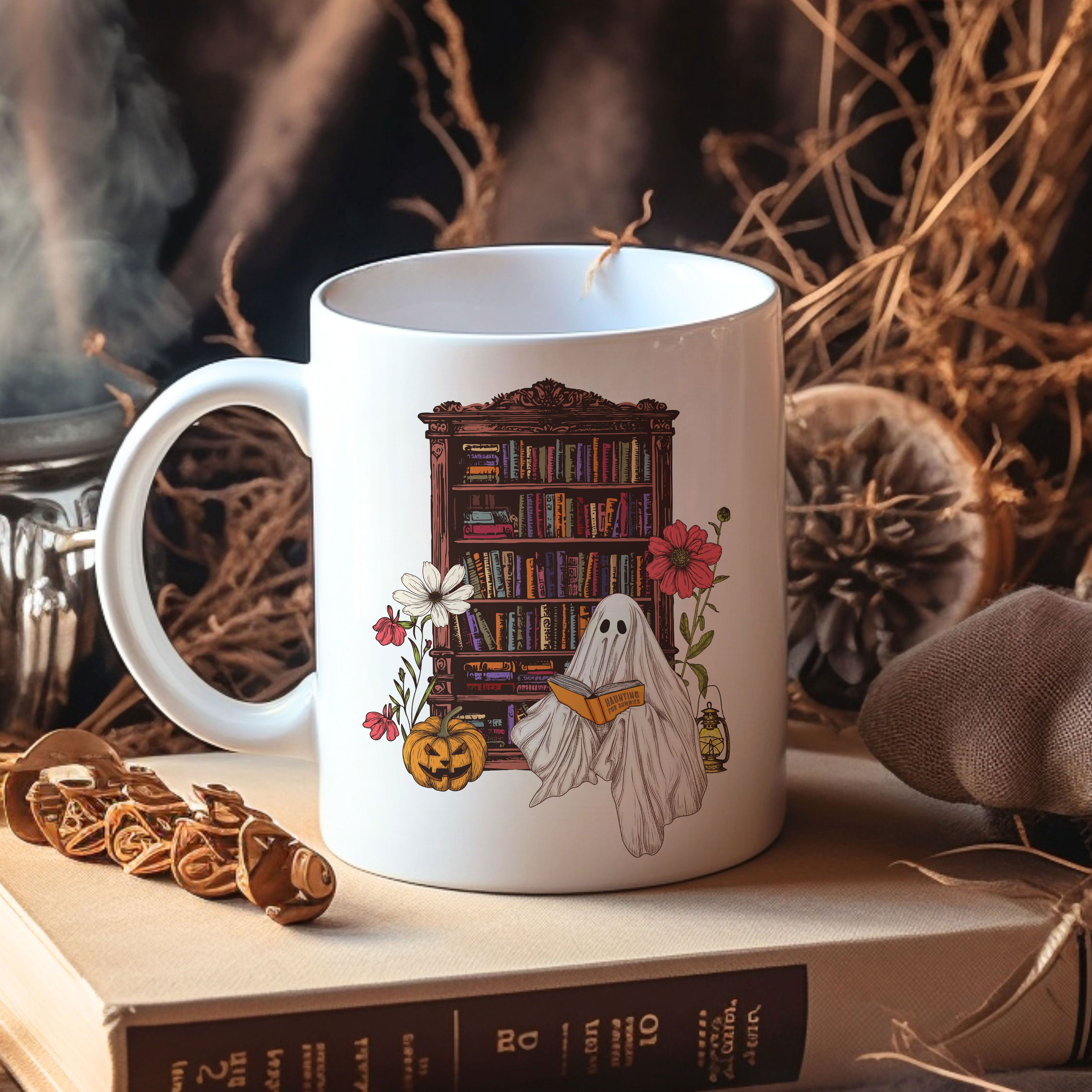 Haunting For Dummies: Ghost Reading A Book In A Haunted Library Vintage Illustrated Mug