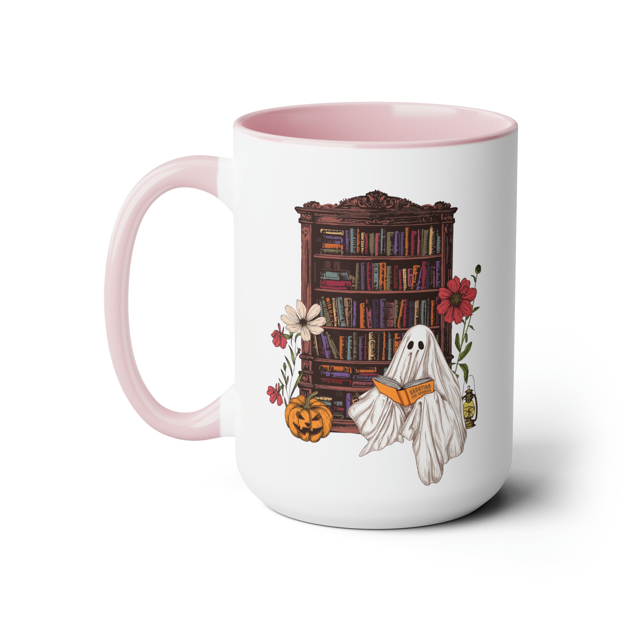 Haunting For Dummies: Ghost Reading A Book In A Haunted Library Vintage Illustrated Two-Tone Mug, 15oz