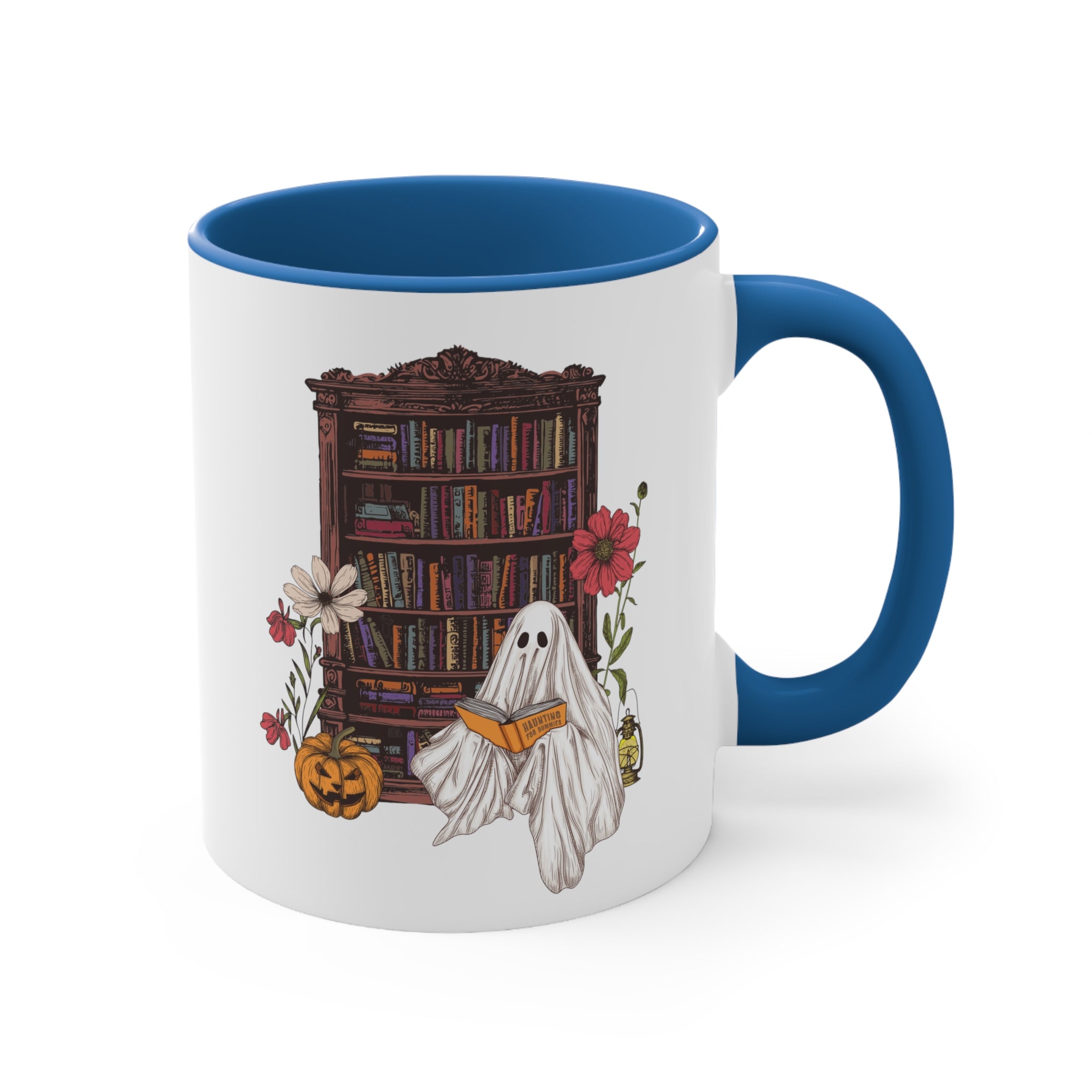 Haunting For Dummies: Ghost Reading A Book In A Haunted Library Vintage Illustration Two-Tone Mug, 11oz