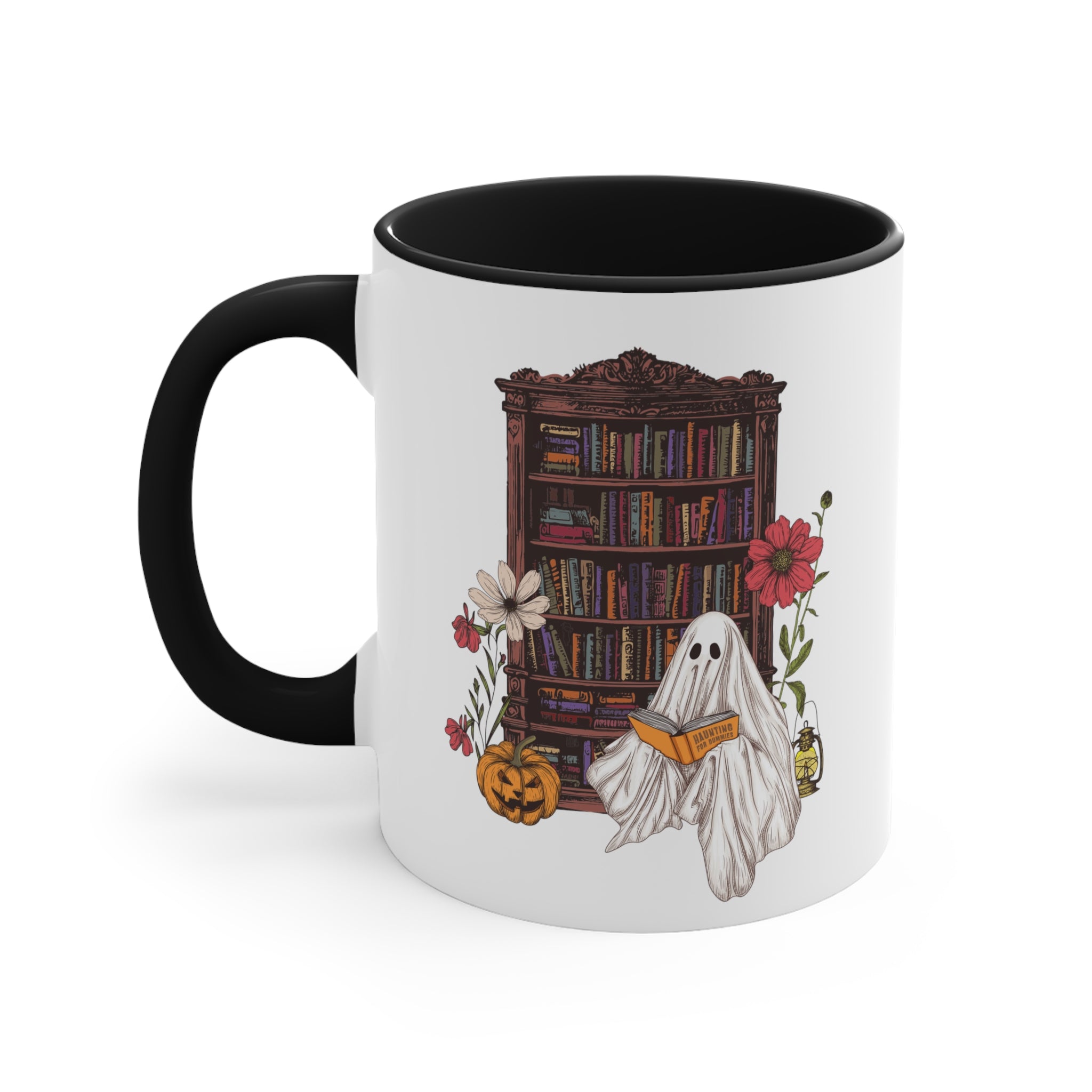 Haunting For Dummies: Ghost Reading A Book In A Haunted Library Vintage Illustration Two-Tone Mug, 11oz