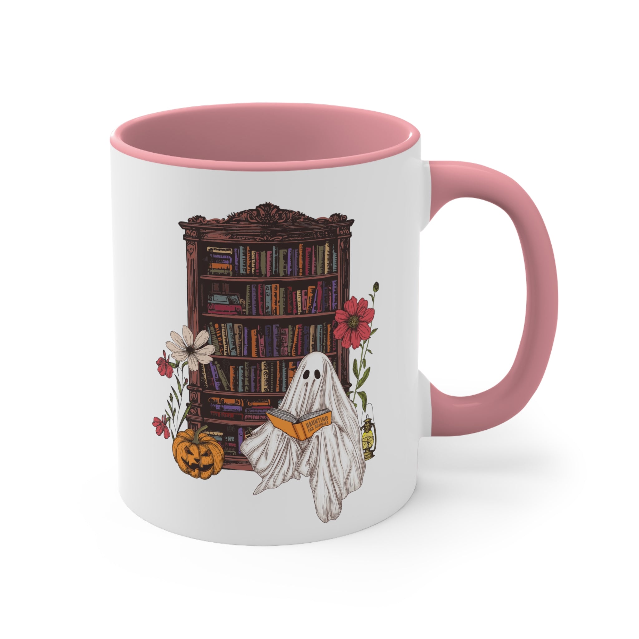 Haunting For Dummies: Ghost Reading A Book In A Haunted Library Vintage Illustration Two-Tone Mug, 11oz