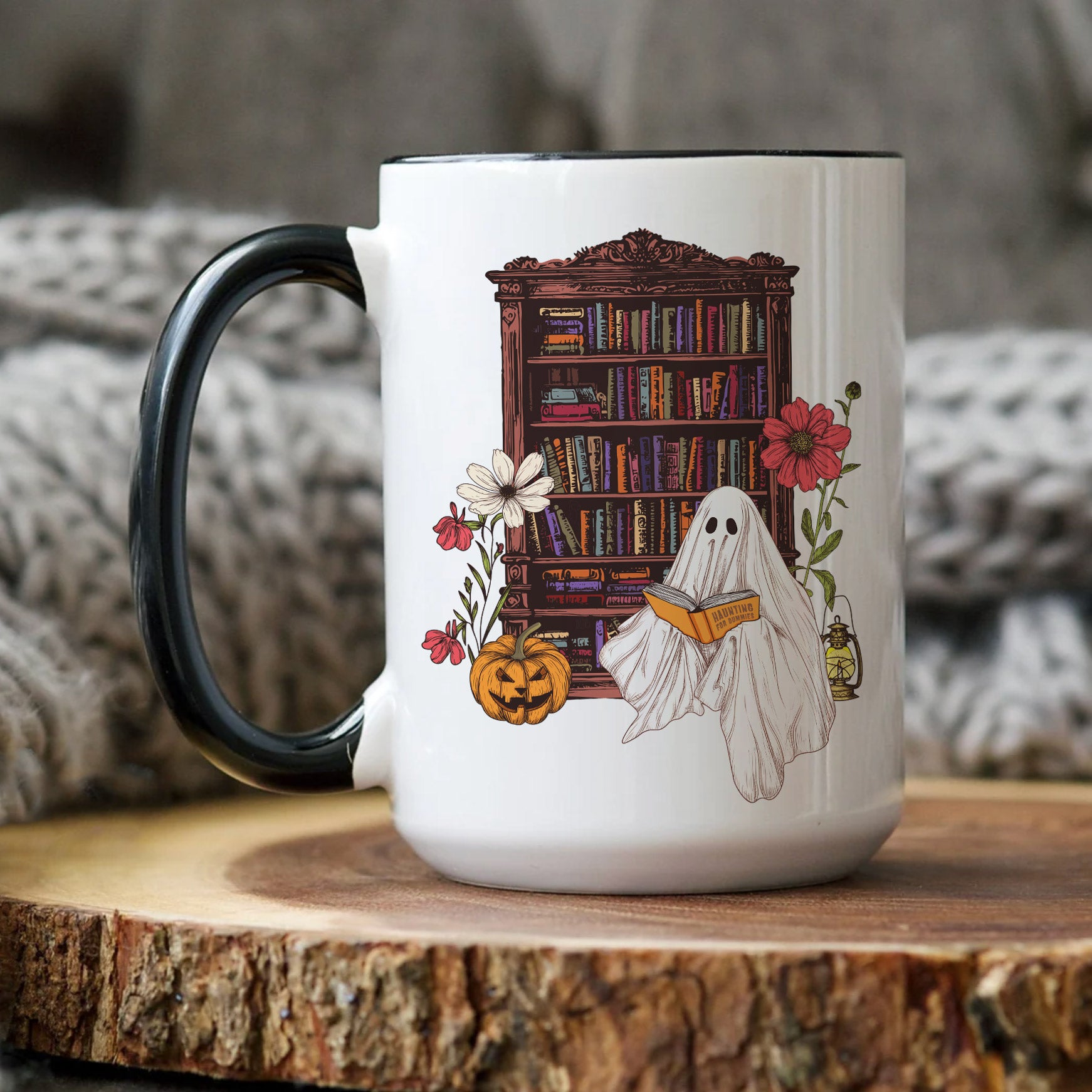 Haunting For Dummies: Ghost Reading A Book In A Haunted Library Vintage Illustrated Two-Tone Mug, 15oz