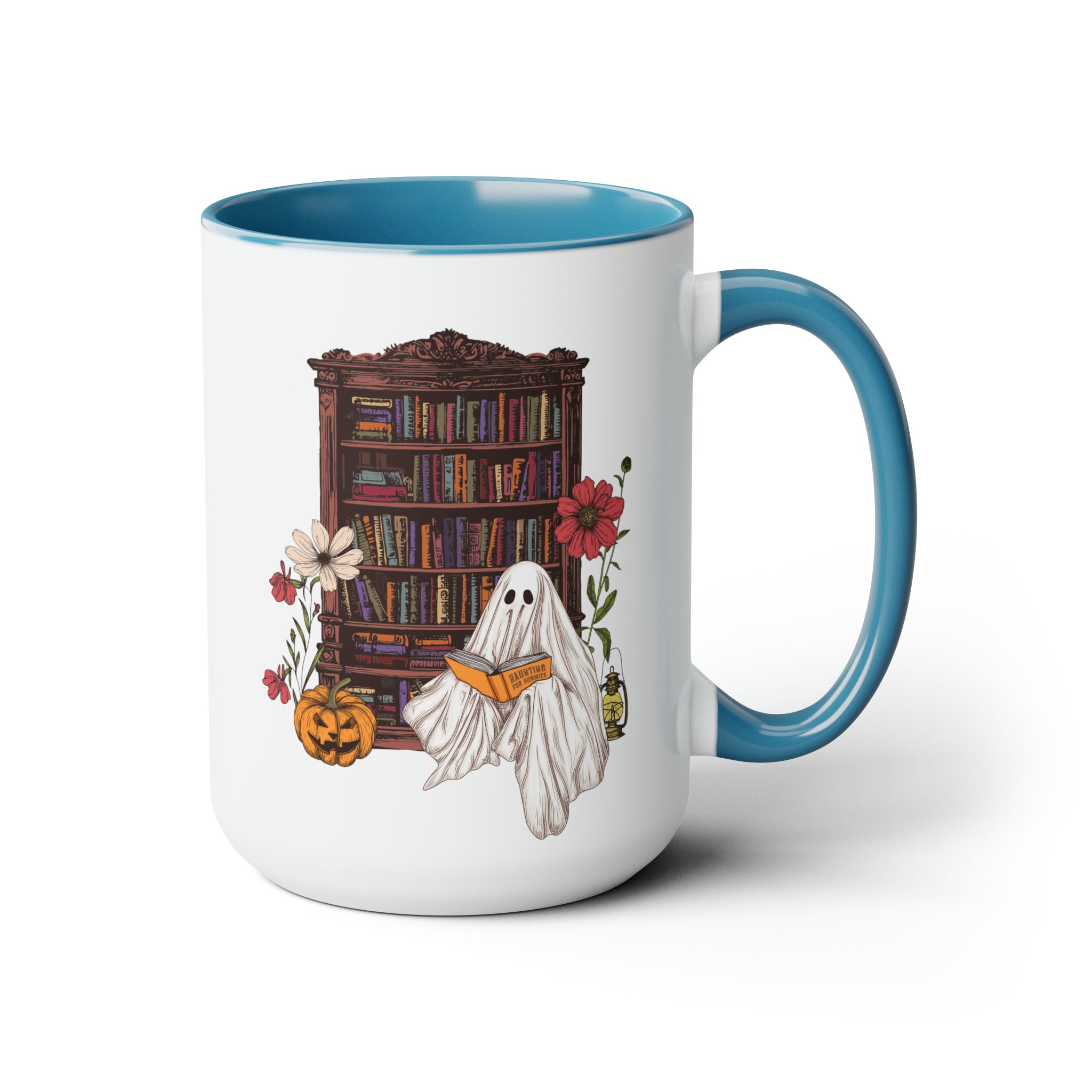 Haunting For Dummies: Ghost Reading A Book In A Haunted Library Vintage Illustrated Two-Tone Mug, 15oz