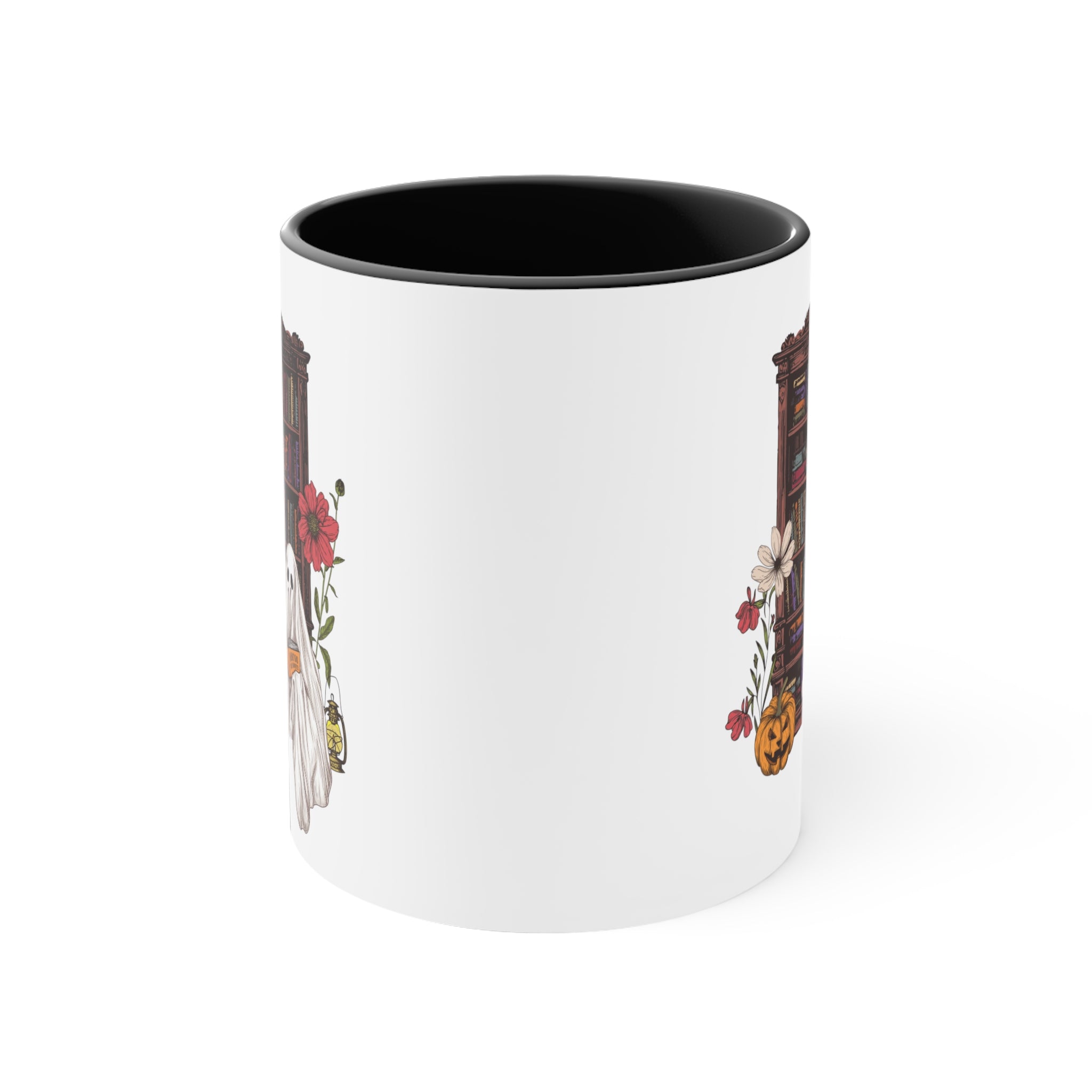 Haunting For Dummies: Ghost Reading A Book In A Haunted Library Vintage Illustration Two-Tone Mug, 11oz