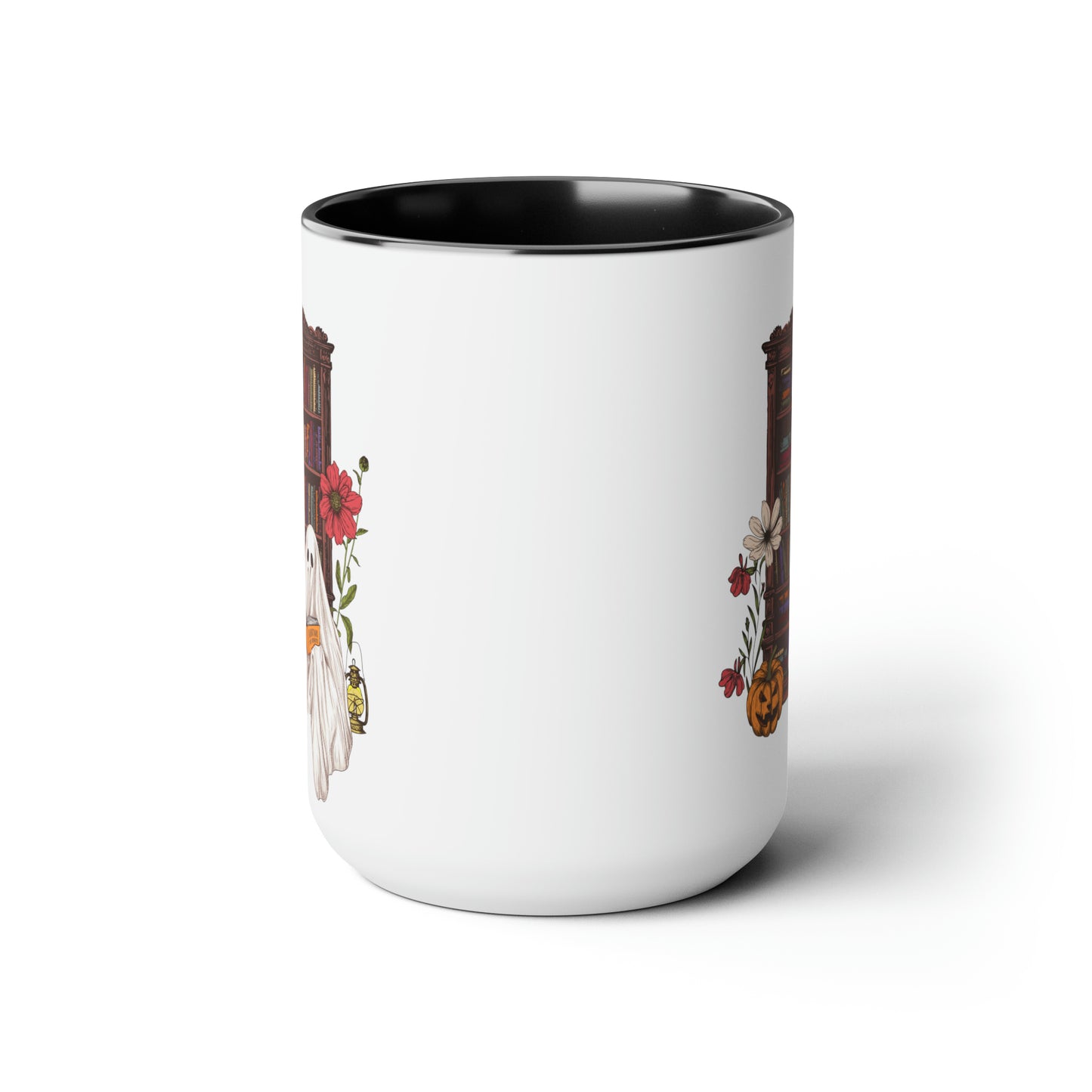 Haunting For Dummies: Ghost Reading A Book In A Haunted Library Vintage Illustrated Two-Tone Mug, 15oz