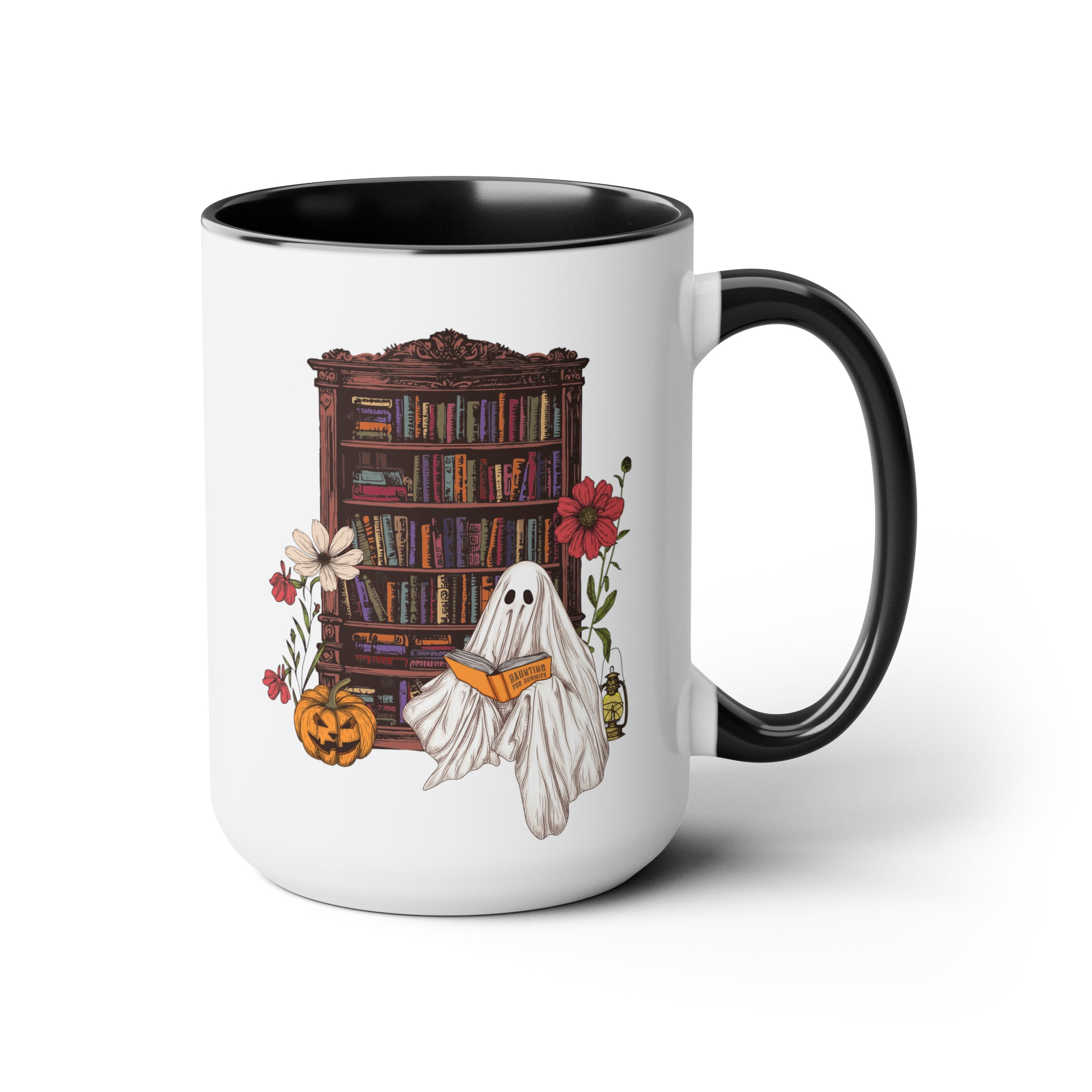 Haunting For Dummies: Ghost Reading A Book In A Haunted Library Vintage Illustrated Two-Tone Mug, 15oz