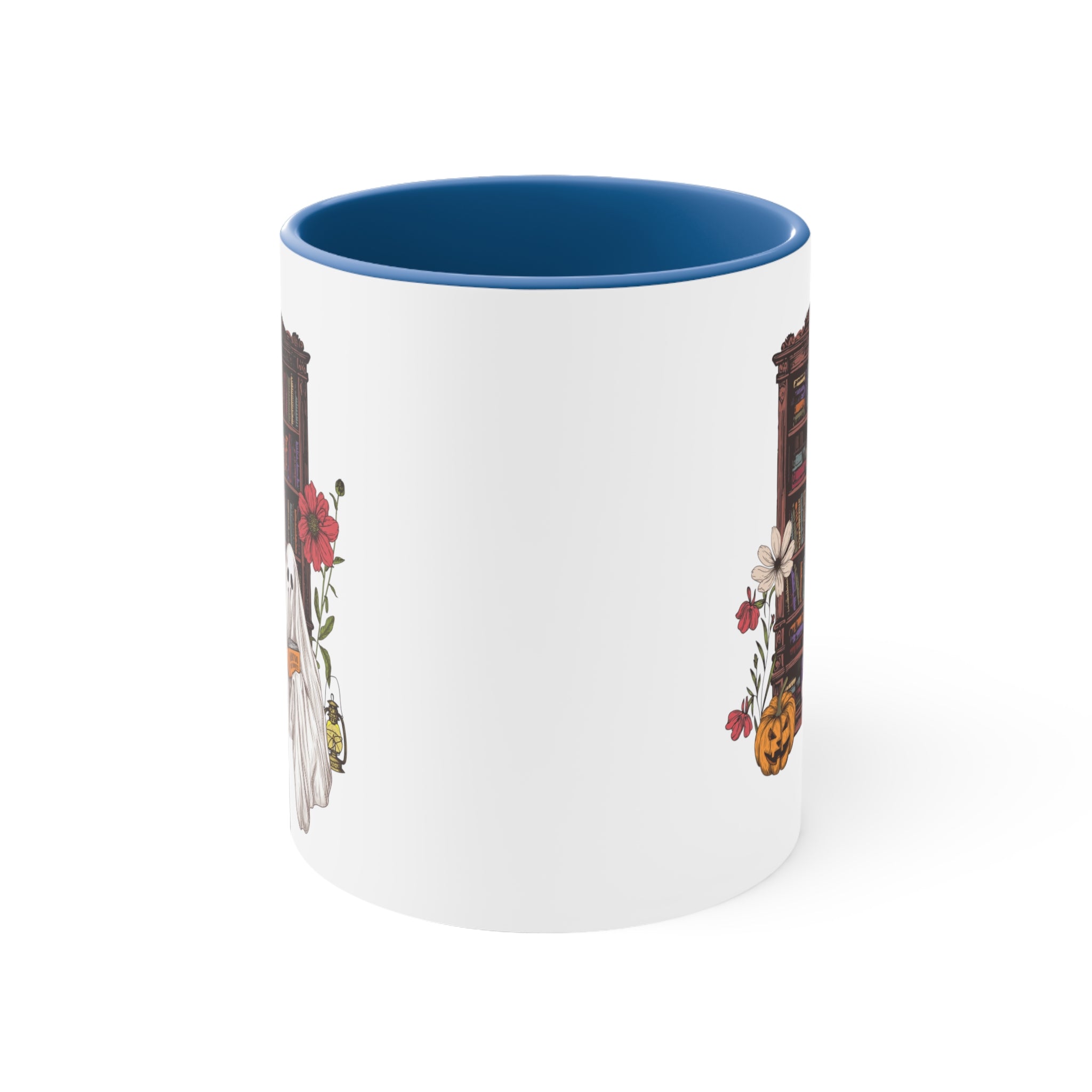 Haunting For Dummies: Ghost Reading A Book In A Haunted Library Vintage Illustration Two-Tone Mug, 11oz