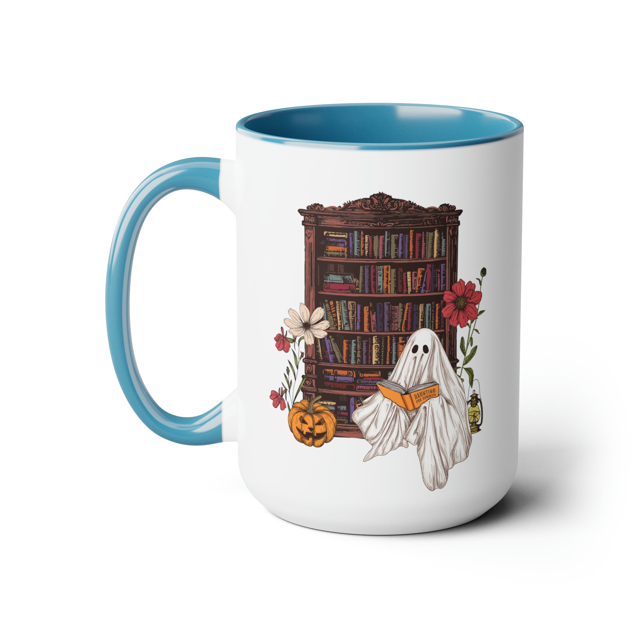 Haunting For Dummies: Ghost Reading A Book In A Haunted Library Vintage Illustrated Two-Tone Mug, 15oz