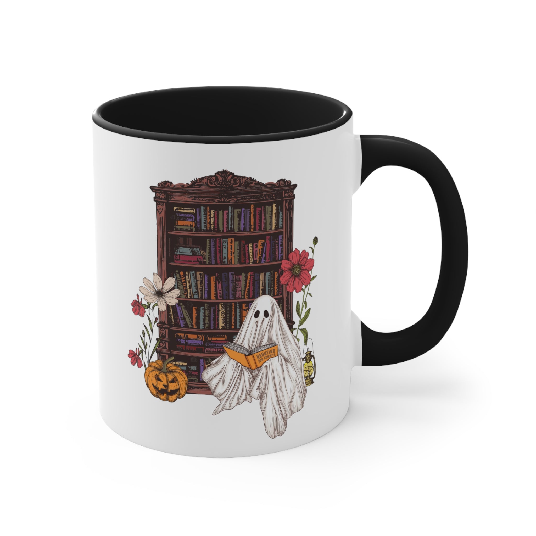 Haunting For Dummies: Ghost Reading A Book In A Haunted Library Vintage Illustration Two-Tone Mug, 11oz