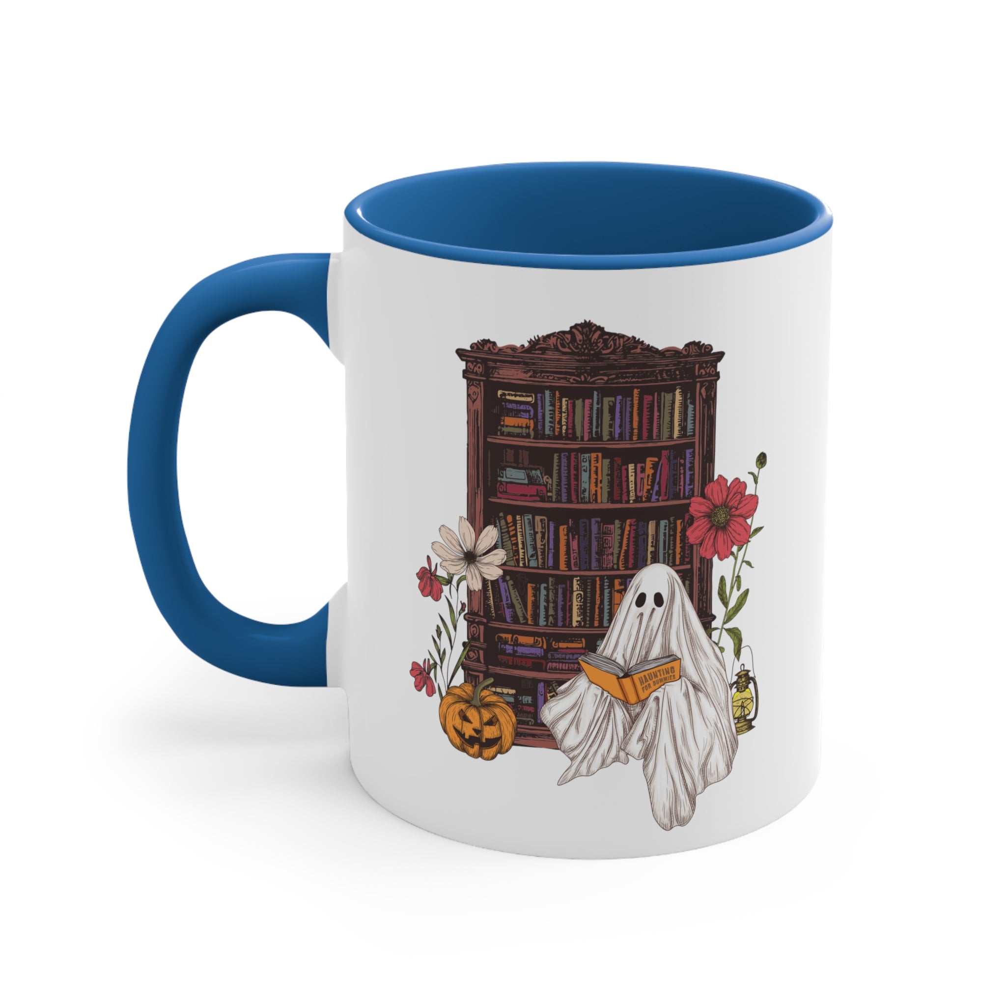 Haunting For Dummies: Ghost Reading A Book In A Haunted Library Vintage Illustration Two-Tone Mug, 11oz