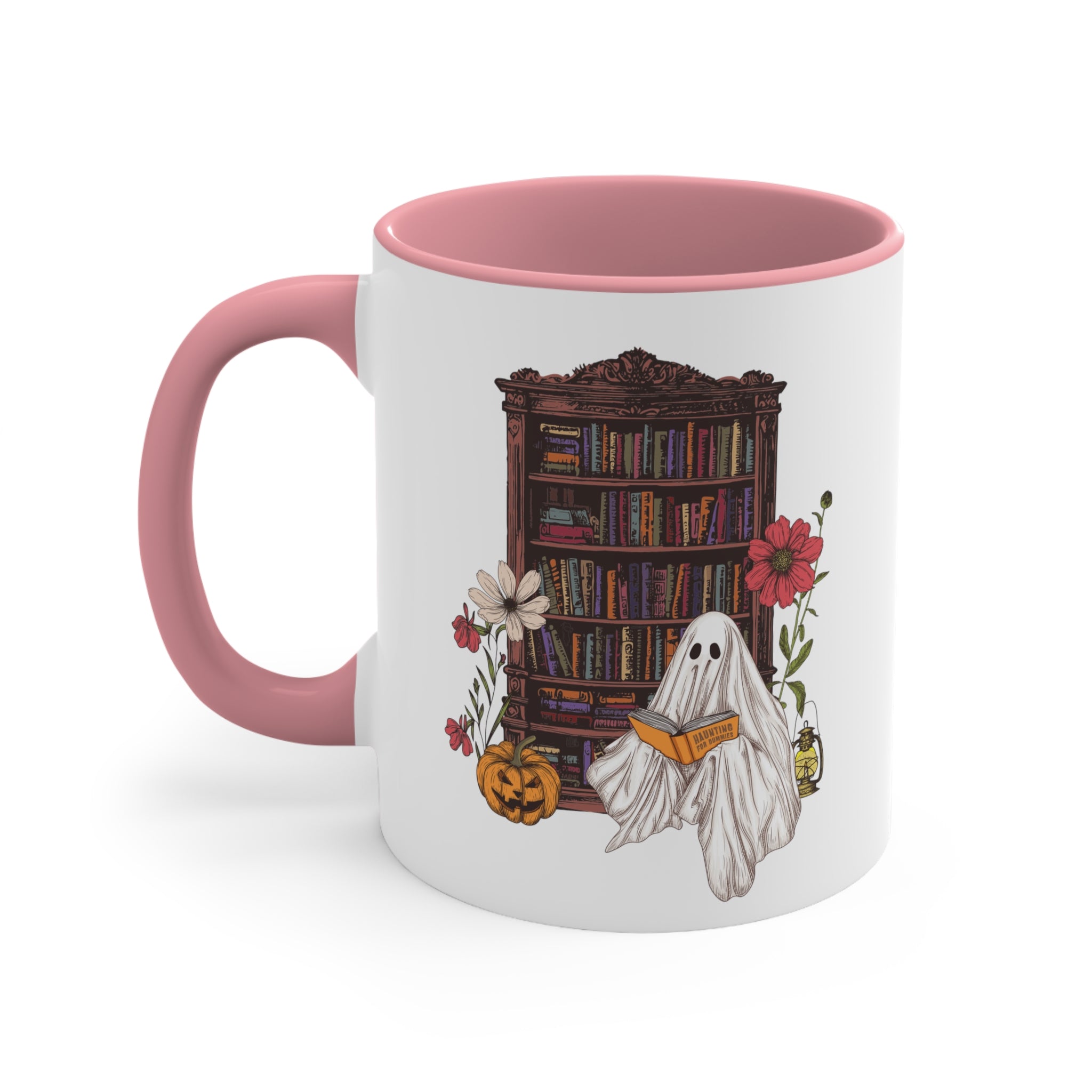 Haunting For Dummies: Ghost Reading A Book In A Haunted Library Vintage Illustration Two-Tone Mug, 11oz
