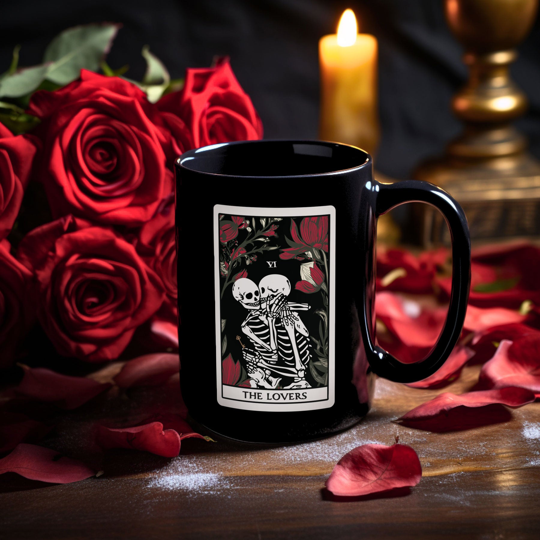 The Lovers Undead VI Tarot Card Skeleton Mug, Black