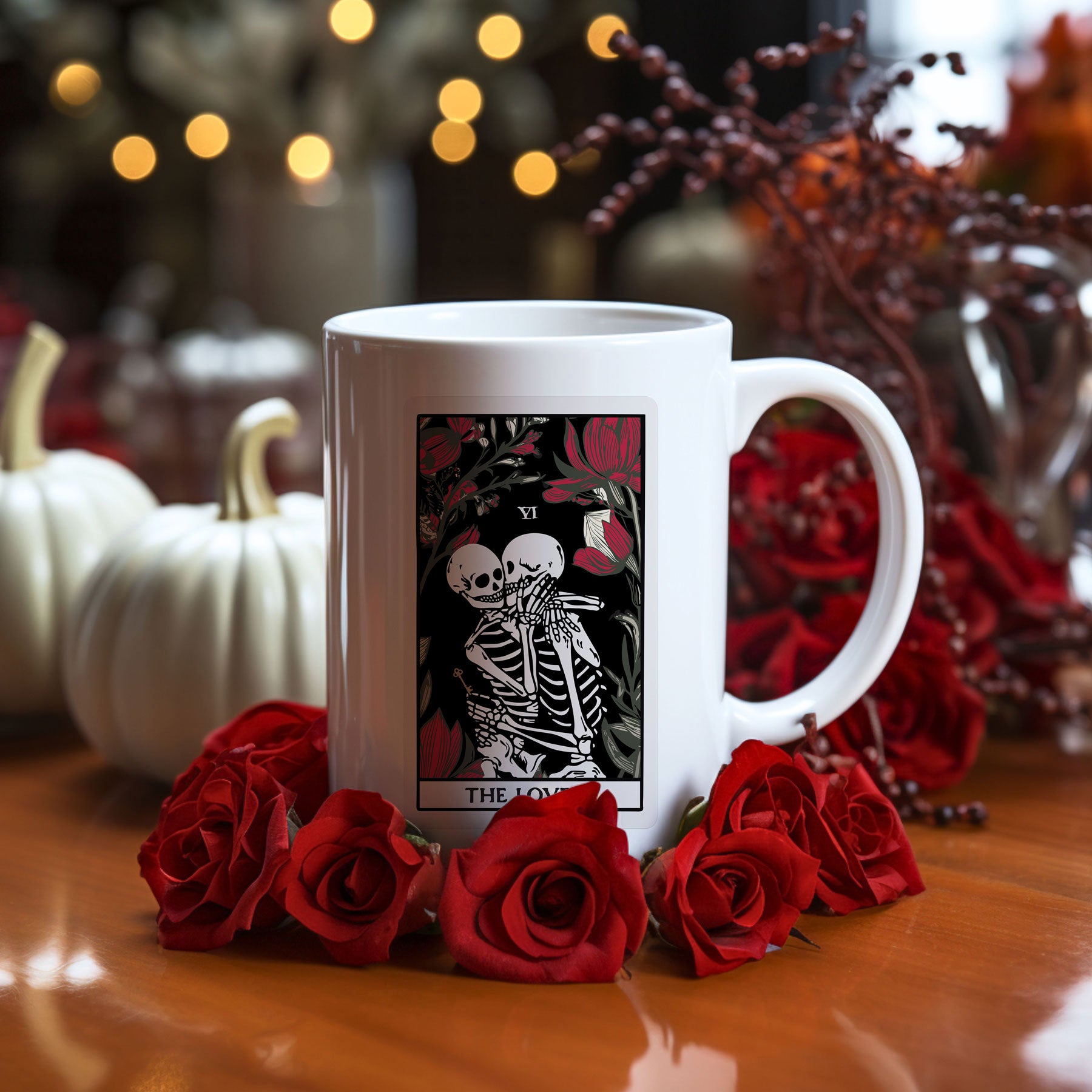 The Lovers Undead VI Tarot Card Skeleton Mug, White