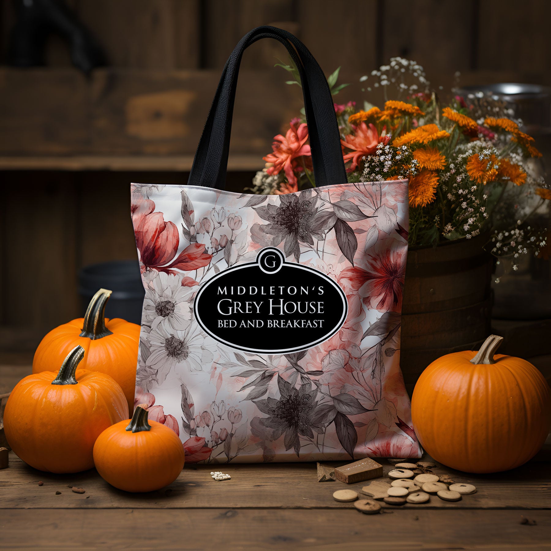 Hallmark-Inspired Good Witch Grey House Bed And Breakfast Autumn Florals Tote Bag