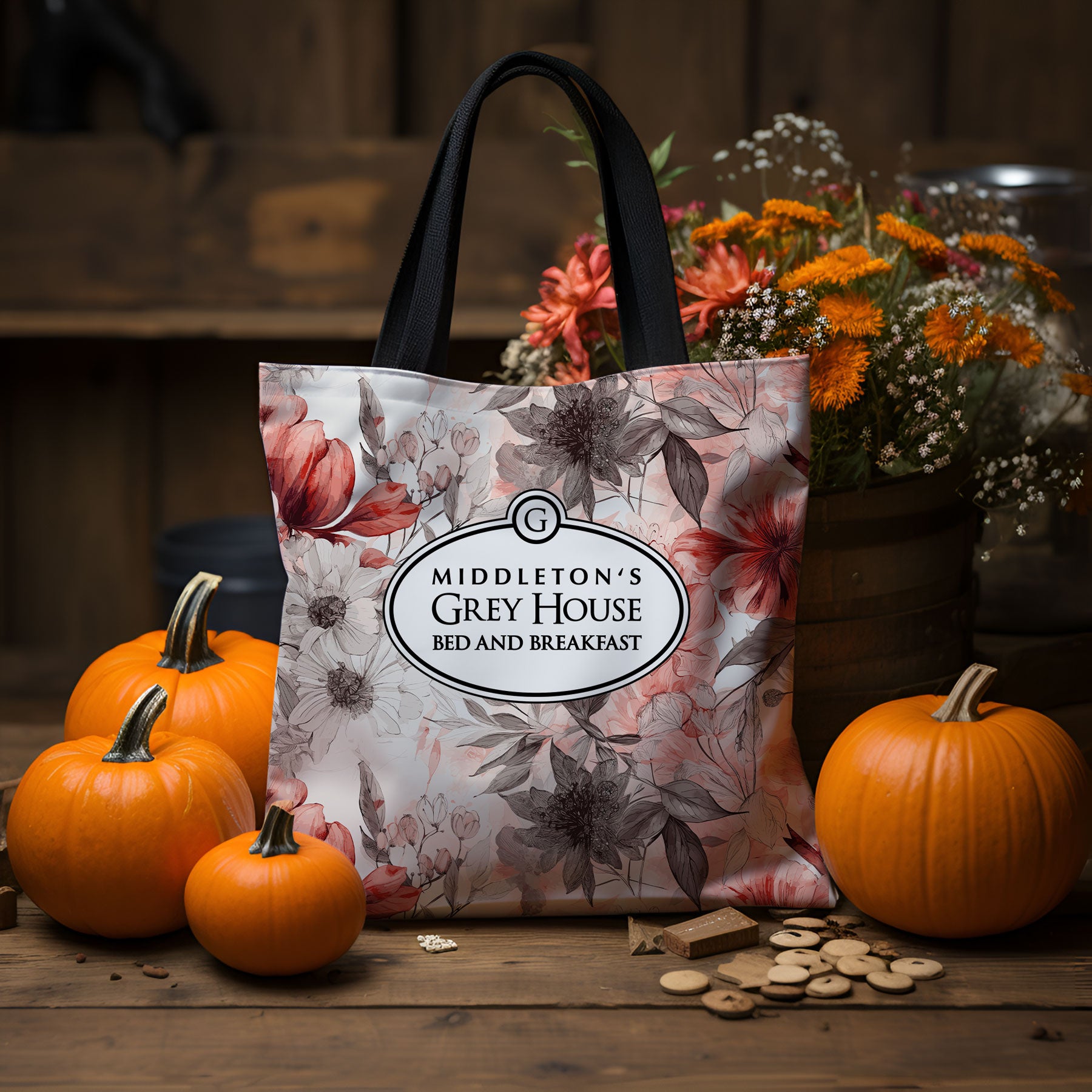Hallmark-Inspired Good Witch Grey House Bed And Breakfast Autumn Florals Tote Bag