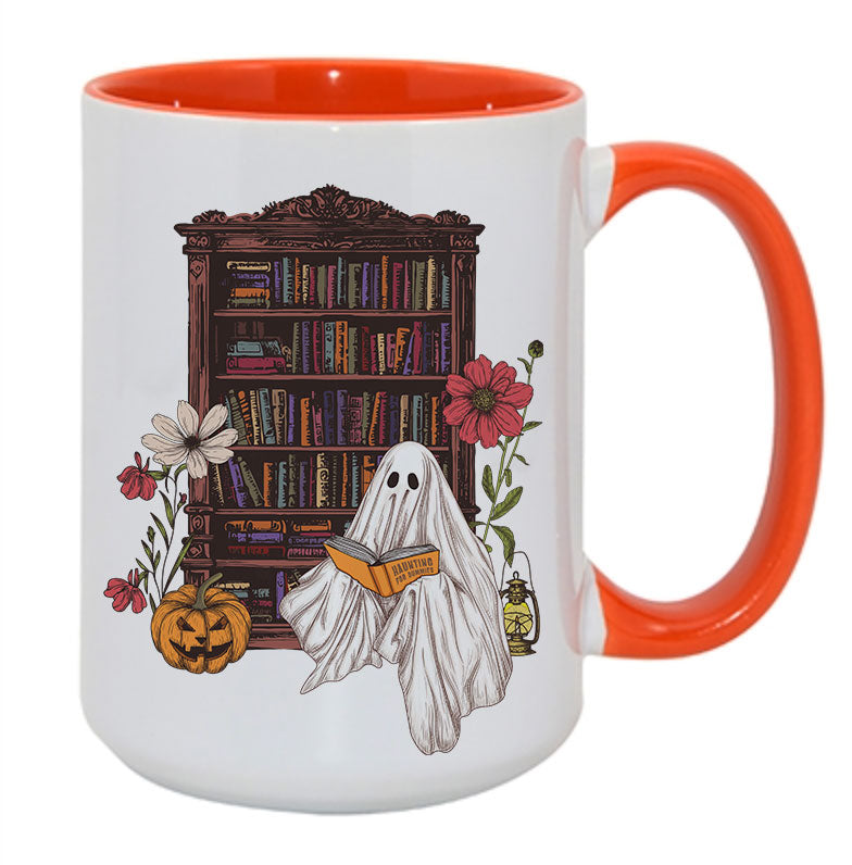 Haunting For Dummies: Ghost Reading A Book In A Haunted Library Vintage Illustrated Two-Tone Mug, 15oz